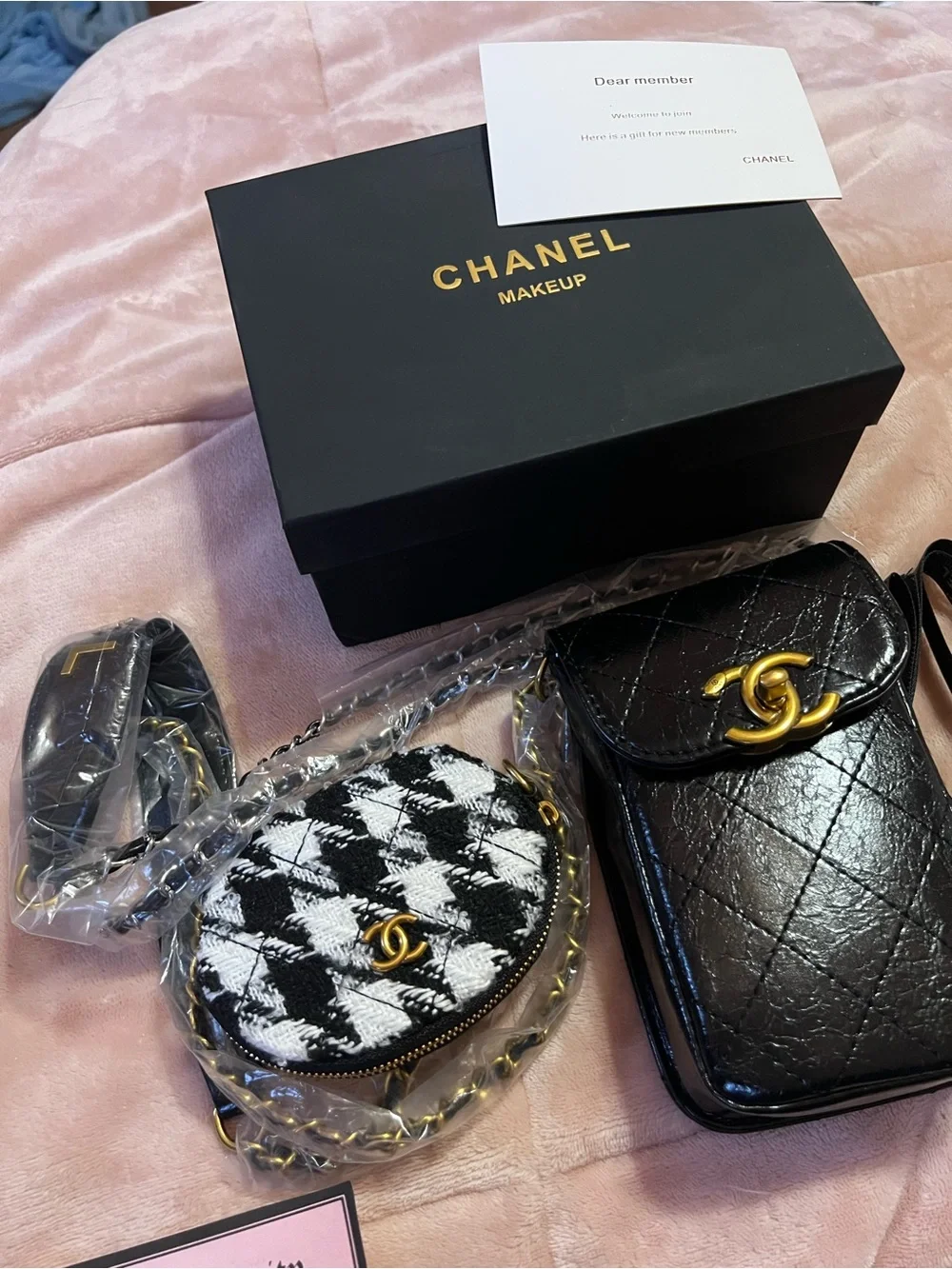 Chanel Black Quilted Leather Phone Pouch with Houndstooth Coin Case with COA